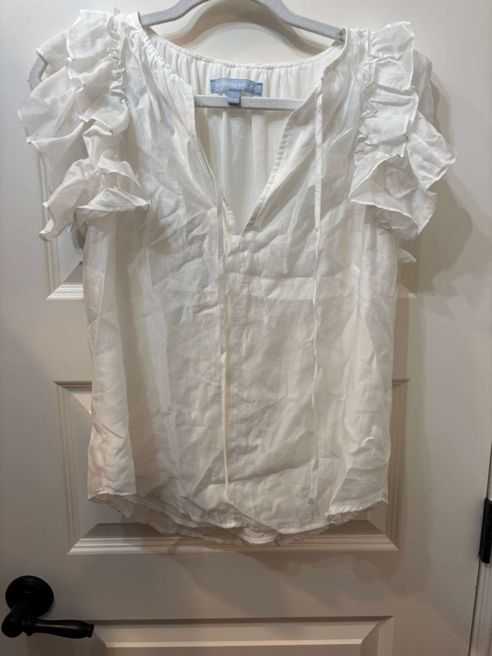 Antonio Melani White Ruffle Sleeve V-Neck Blouse